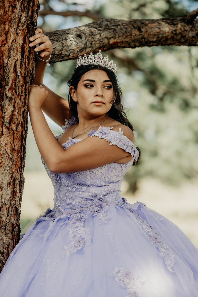 Quinceañera portrait of Natalia in a lavender purple ball gown standing leaning against an evergreen with a tiara in an open field in Evergreen, Colorado