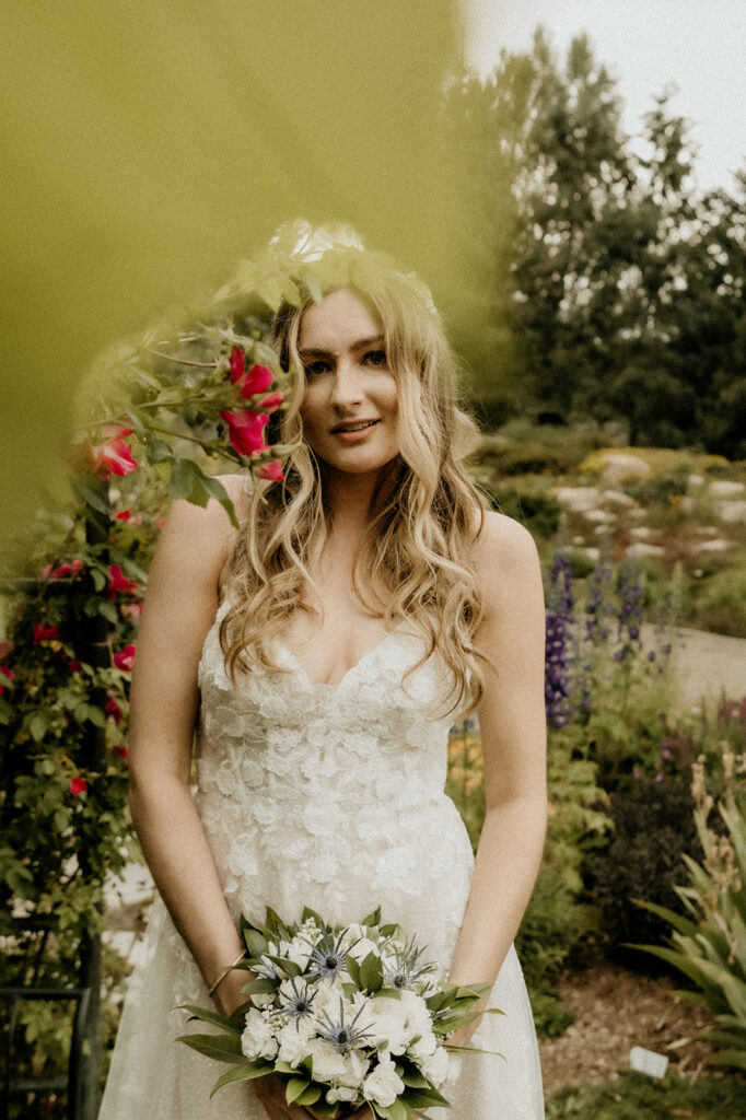 bridal portrait show casing the florals at the  Yampa River Botanic Gardens