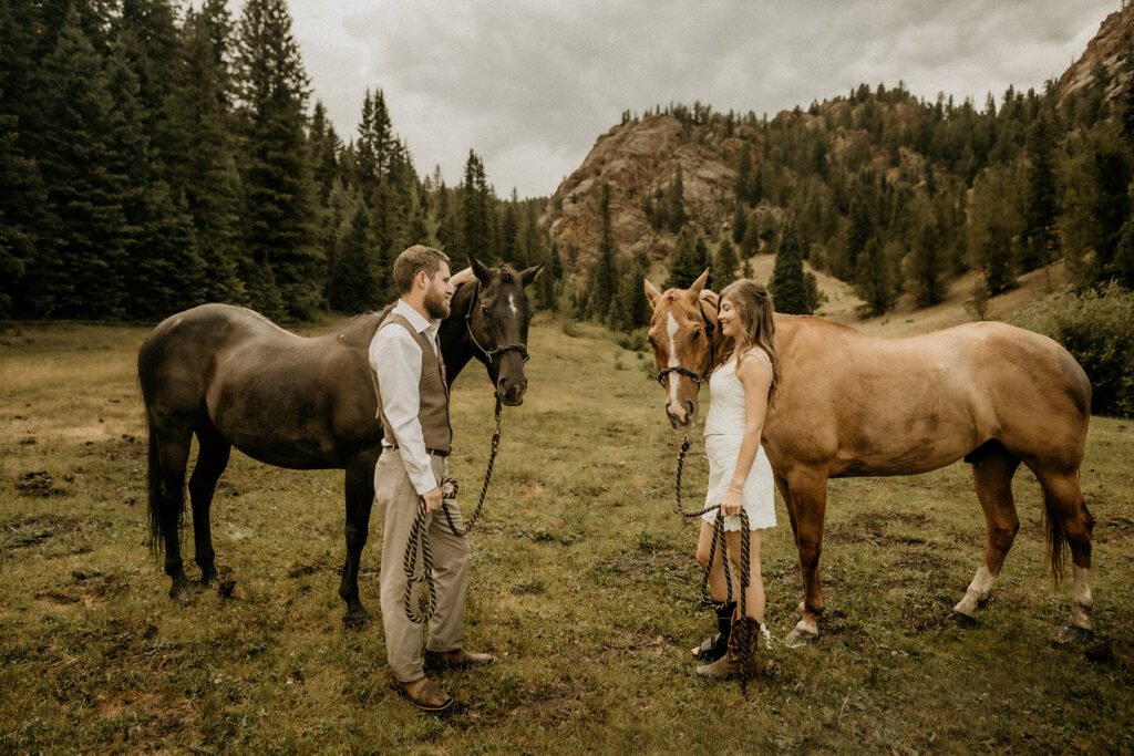bride and groom on a mountain ranch holding their horses in a field with a beautiful mountain backdrop