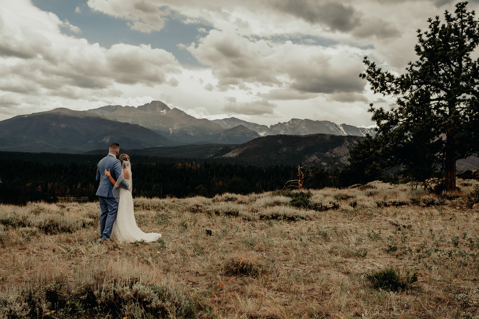 newly weds enjoying the Estes Park view after their intimate ceremony with loved ones